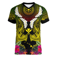Hawaii Kanaka Maoli Women V-Neck T-Shirt Double Shark and Hibiscus Flowers