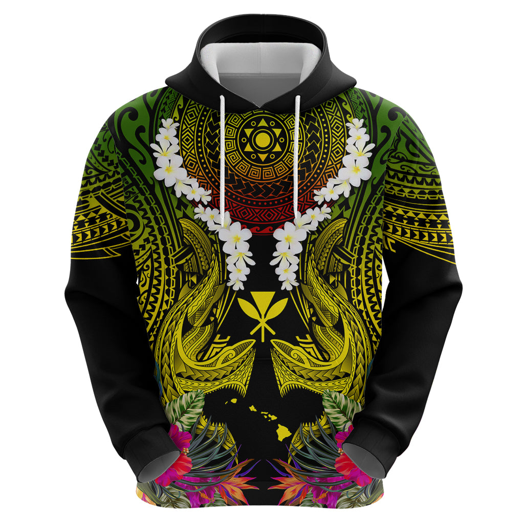 Hawaii Kanaka Maoli Zip Hoodie Double Shark and Hibiscus Flowers