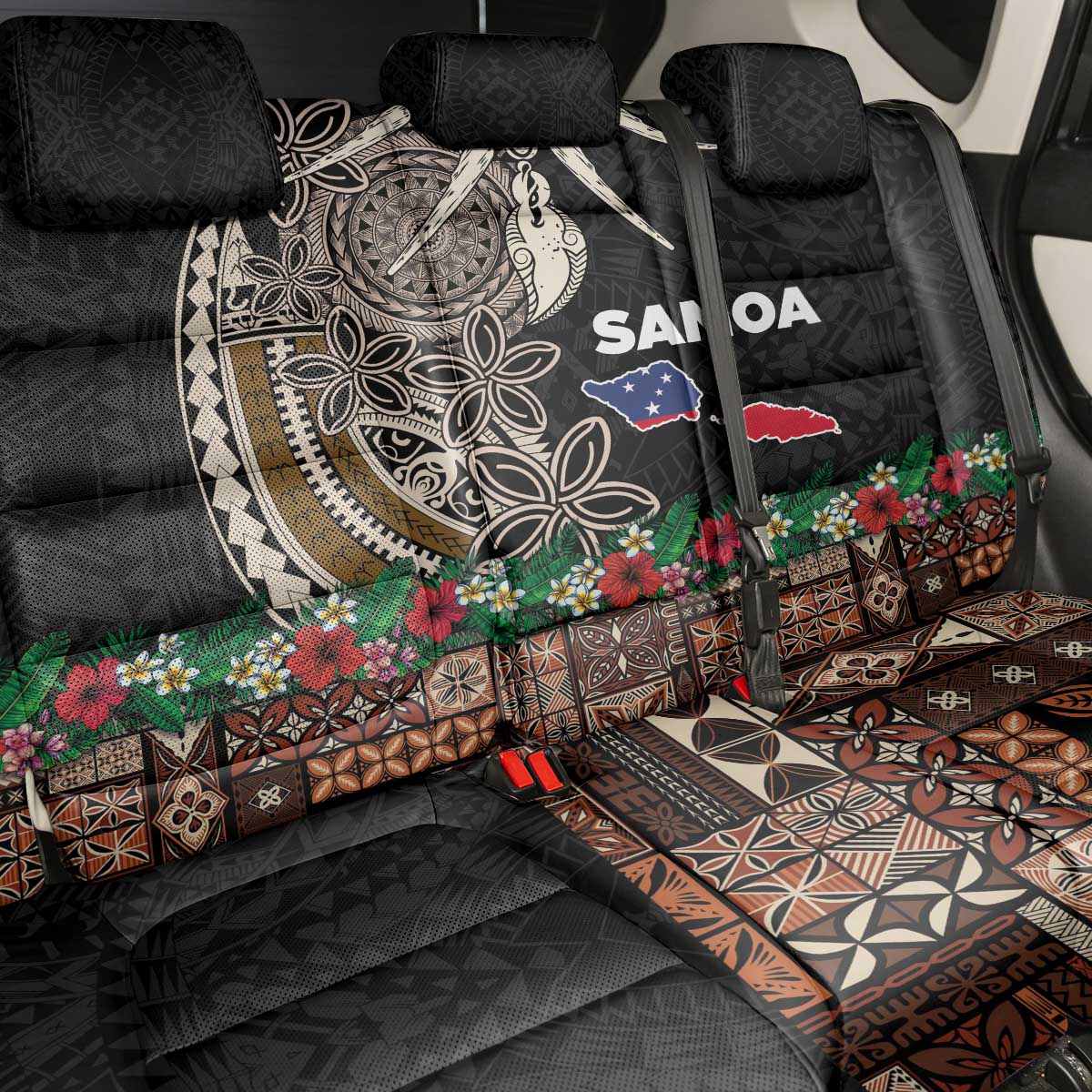 Samoa Siapo Polynesian Art Back Car Seat Cover Tropical Flowers and Tatau Pattern Brown