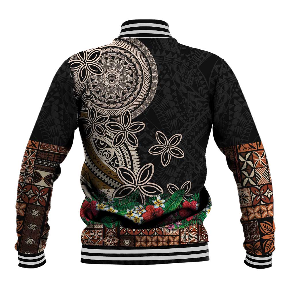 Samoa Siapo Polynesian Art Baseball Jacket Tropical Flowers and Tatau Pattern Brown