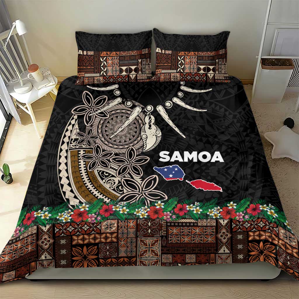 Samoa Siapo Polynesian Art Bedding Set Tropical Flowers and Tatau Pattern Brown