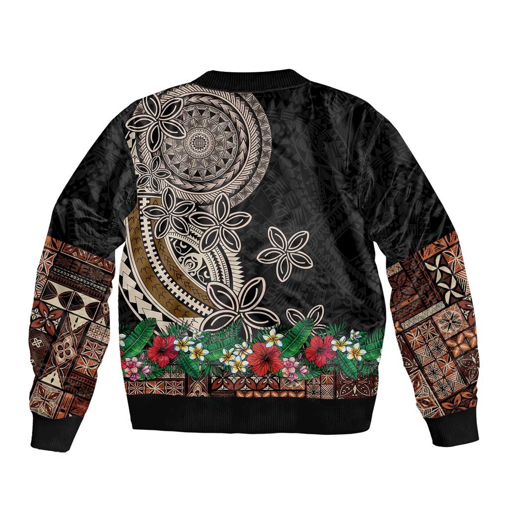 Samoa Siapo Polynesian Art Bomber Jacket Tropical Flowers and Tatau Pattern Brown