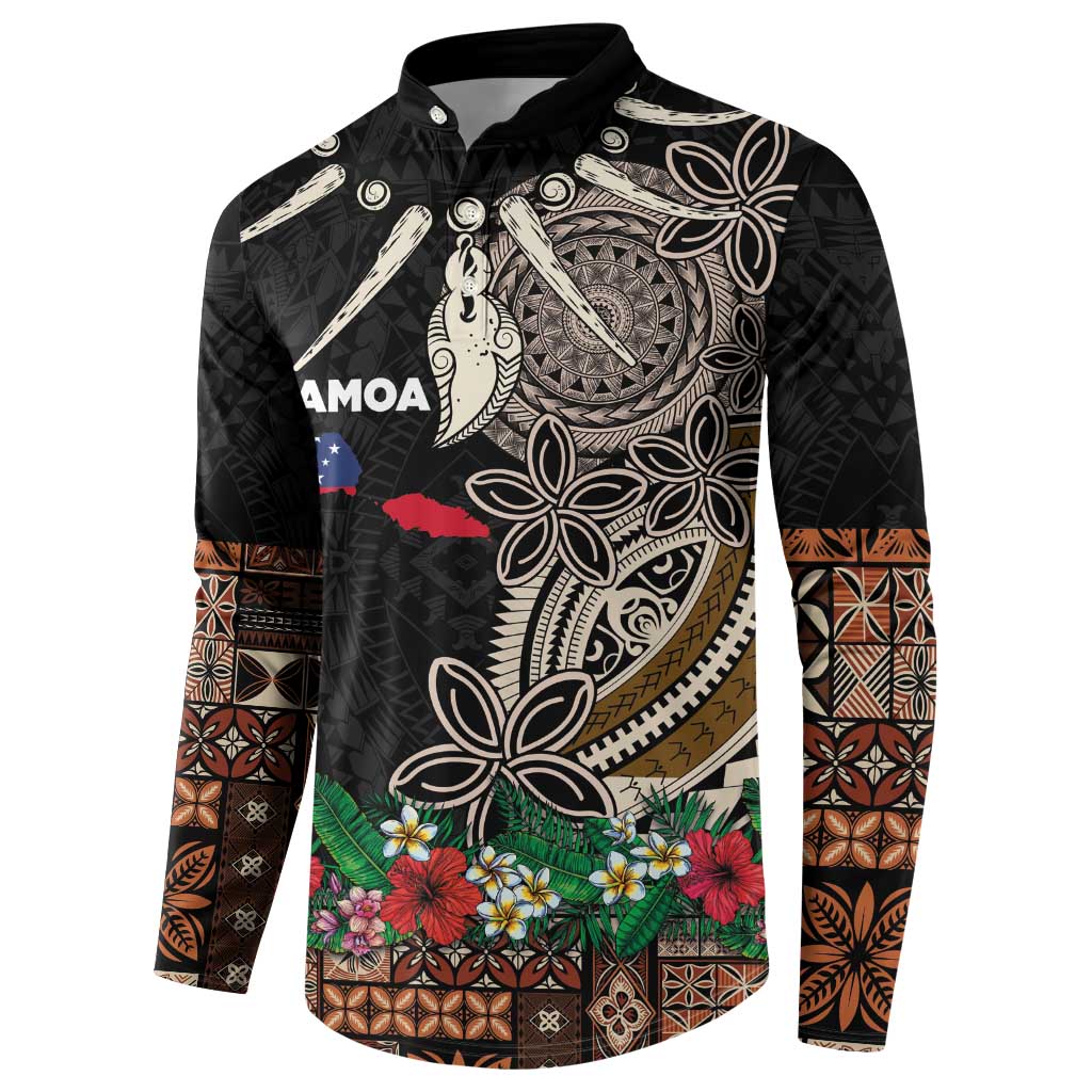 Samoa Siapo Polynesian Art Button Sweatshirt Tropical Flowers and Tatau Pattern Brown