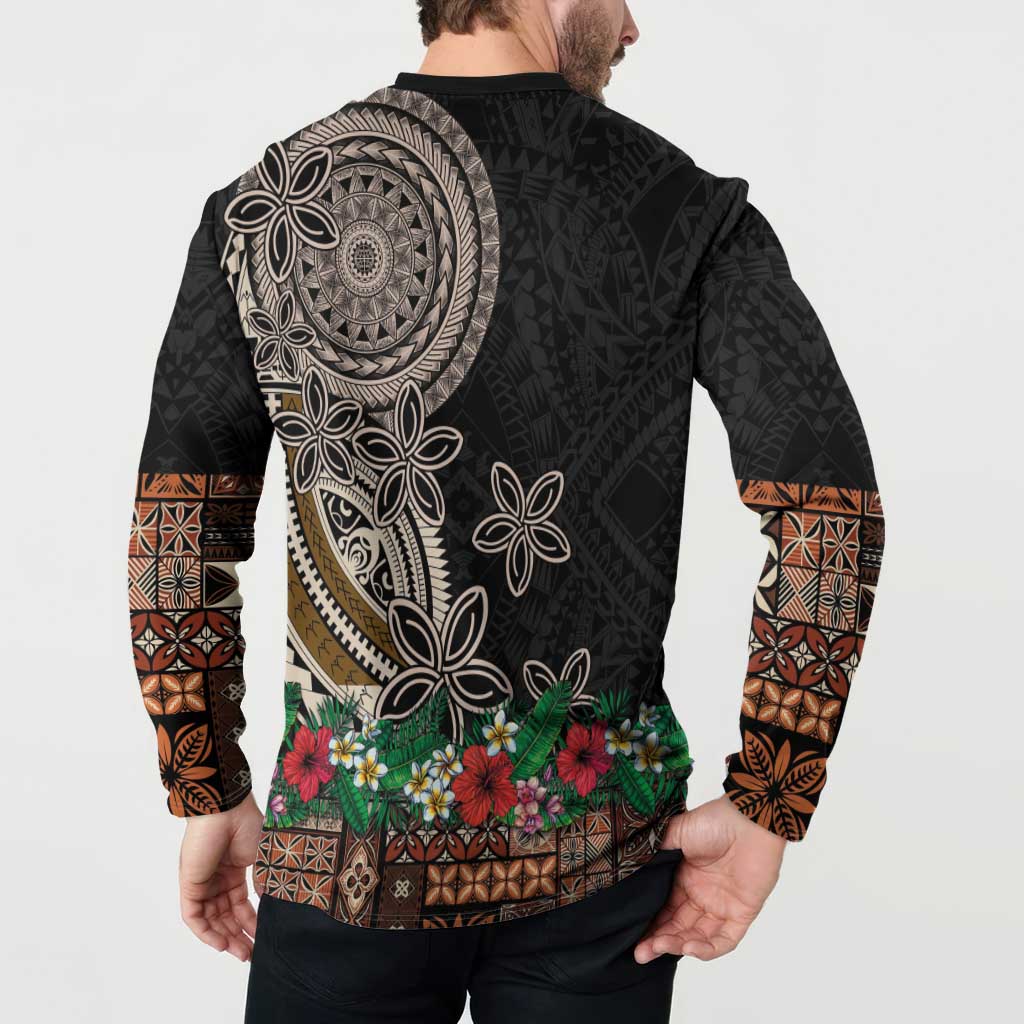 Samoa Siapo Polynesian Art Button Sweatshirt Tropical Flowers and Tatau Pattern Brown