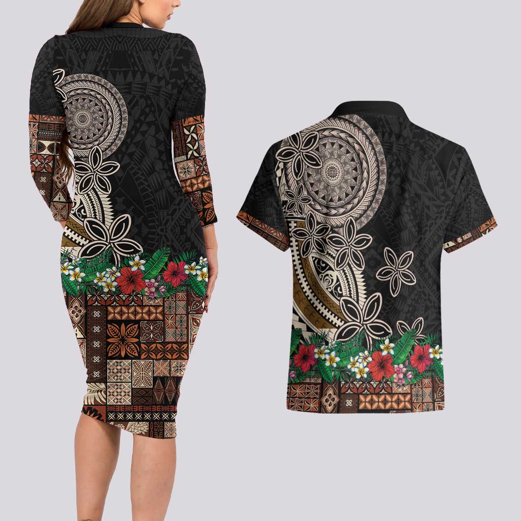 Samoa Siapo Polynesian Art Couples Matching Long Sleeve Bodycon Dress and Hawaiian Shirt Tropical Flowers and Tatau Pattern Brown