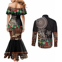 Samoa Siapo Polynesian Art Couples Matching Mermaid Dress and Long Sleeve Button Shirt Tropical Flowers and Tatau Pattern Brown
