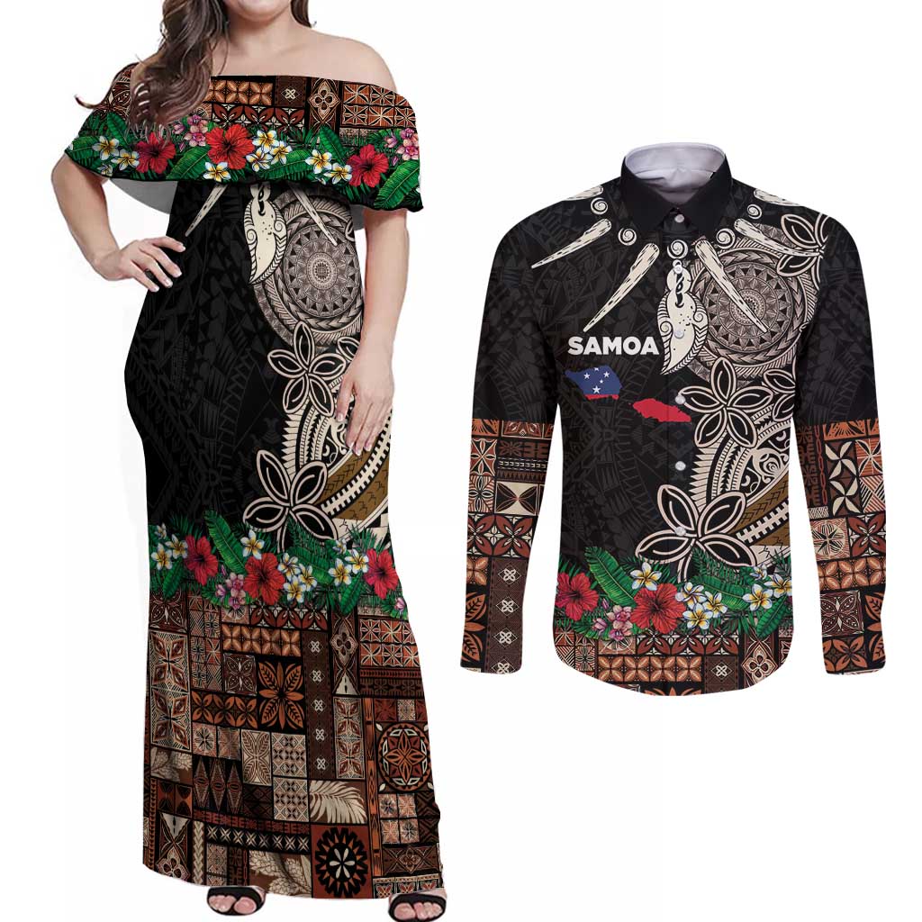 Samoa Siapo Polynesian Art Couples Matching Off Shoulder Maxi Dress and Long Sleeve Button Shirt Tropical Flowers and Tatau Pattern Brown