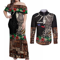 Samoa Siapo Polynesian Art Couples Matching Off Shoulder Maxi Dress and Long Sleeve Button Shirt Tropical Flowers and Tatau Pattern Brown