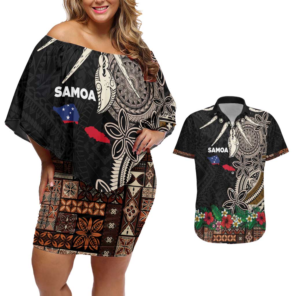 Samoa Siapo Polynesian Art Couples Matching Off Shoulder Short Dress and Hawaiian Shirt Tropical Flowers and Tatau Pattern Brown