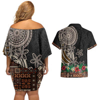 Samoa Siapo Polynesian Art Couples Matching Off Shoulder Short Dress and Hawaiian Shirt Tropical Flowers and Tatau Pattern Brown