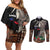 Samoa Siapo Polynesian Art Couples Matching Off Shoulder Short Dress and Long Sleeve Button Shirt Tropical Flowers and Tatau Pattern Brown