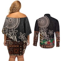 Samoa Siapo Polynesian Art Couples Matching Off Shoulder Short Dress and Long Sleeve Button Shirt Tropical Flowers and Tatau Pattern Brown
