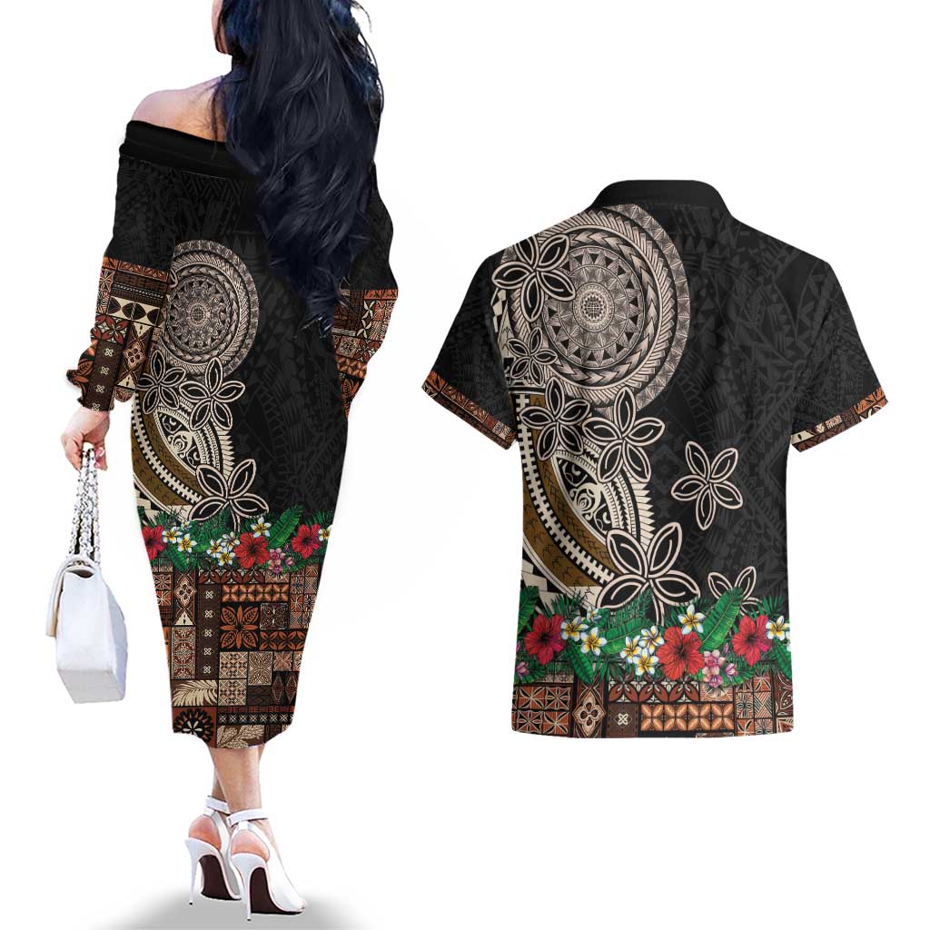 Samoa Siapo Polynesian Art Couples Matching Off The Shoulder Long Sleeve Dress and Hawaiian Shirt Tropical Flowers and Tatau Pattern Brown