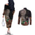 Samoa Siapo Polynesian Art Couples Matching Off The Shoulder Long Sleeve Dress and Long Sleeve Button Shirt Tropical Flowers and Tatau Pattern Brown