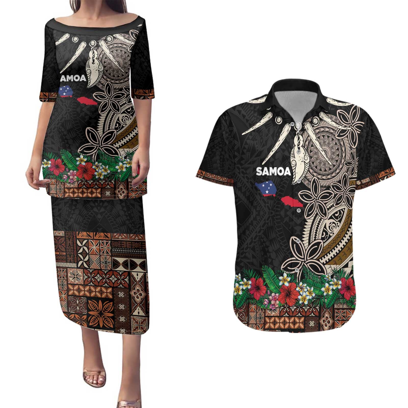 Samoa Siapo Polynesian Art Couples Matching Puletasi and Hawaiian Shirt Tropical Flowers and Tatau Pattern Brown