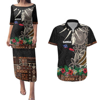 Samoa Siapo Polynesian Art Couples Matching Puletasi and Hawaiian Shirt Tropical Flowers and Tatau Pattern Brown