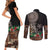 Samoa Siapo Polynesian Art Couples Matching Short Sleeve Bodycon Dress and Long Sleeve Button Shirt Tropical Flowers and Tatau Pattern Brown