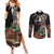 Samoa Siapo Polynesian Art Couples Matching Summer Maxi Dress and Long Sleeve Button Shirt Tropical Flowers and Tatau Pattern Brown