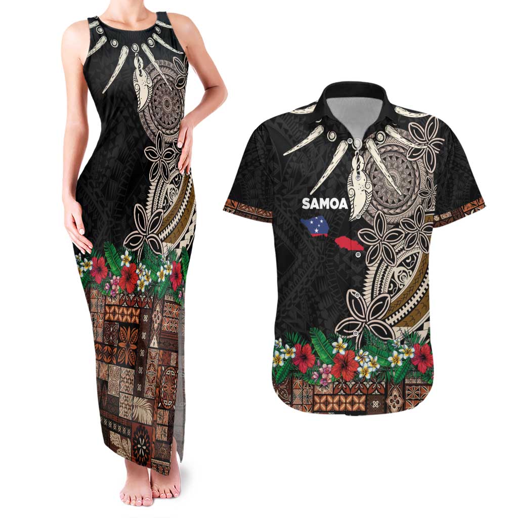 Samoa Siapo Polynesian Art Couples Matching Tank Maxi Dress and Hawaiian Shirt Tropical Flowers and Tatau Pattern Brown
