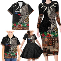 Samoa Siapo Polynesian Art Family Matching Long Sleeve Bodycon Dress and Hawaiian Shirt Tropical Flowers and Tatau Pattern Brown