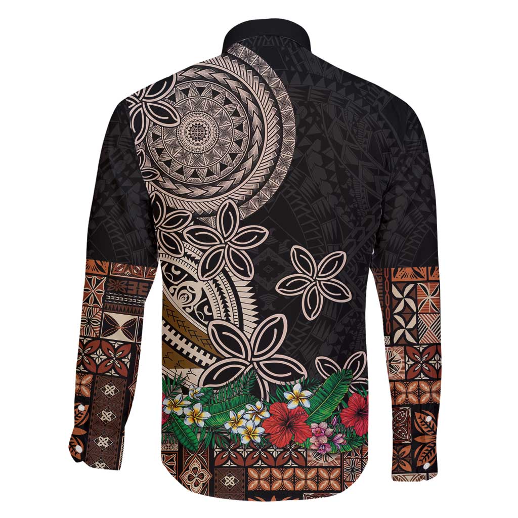 Samoa Siapo Polynesian Art Family Matching Long Sleeve Bodycon Dress and Hawaiian Shirt Tropical Flowers and Tatau Pattern Brown