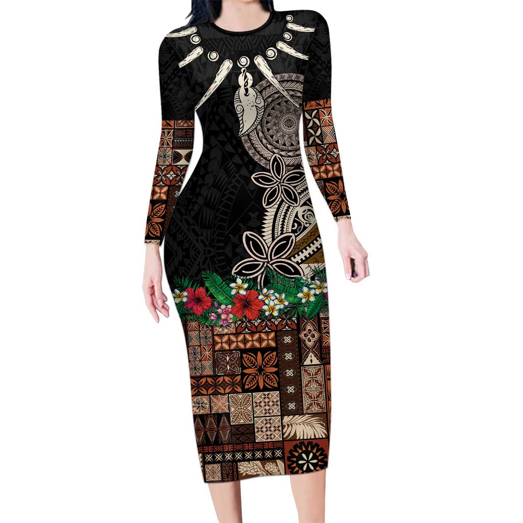 Samoa Siapo Polynesian Art Family Matching Long Sleeve Bodycon Dress and Hawaiian Shirt Tropical Flowers and Tatau Pattern Brown