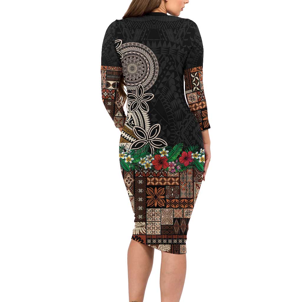 Samoa Siapo Polynesian Art Family Matching Long Sleeve Bodycon Dress and Hawaiian Shirt Tropical Flowers and Tatau Pattern Brown