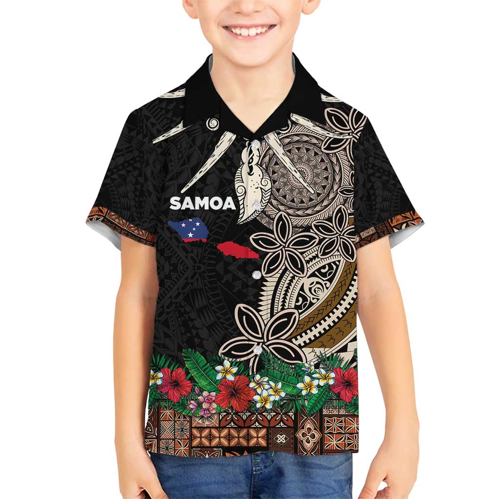 Samoa Siapo Polynesian Art Family Matching Long Sleeve Bodycon Dress and Hawaiian Shirt Tropical Flowers and Tatau Pattern Brown