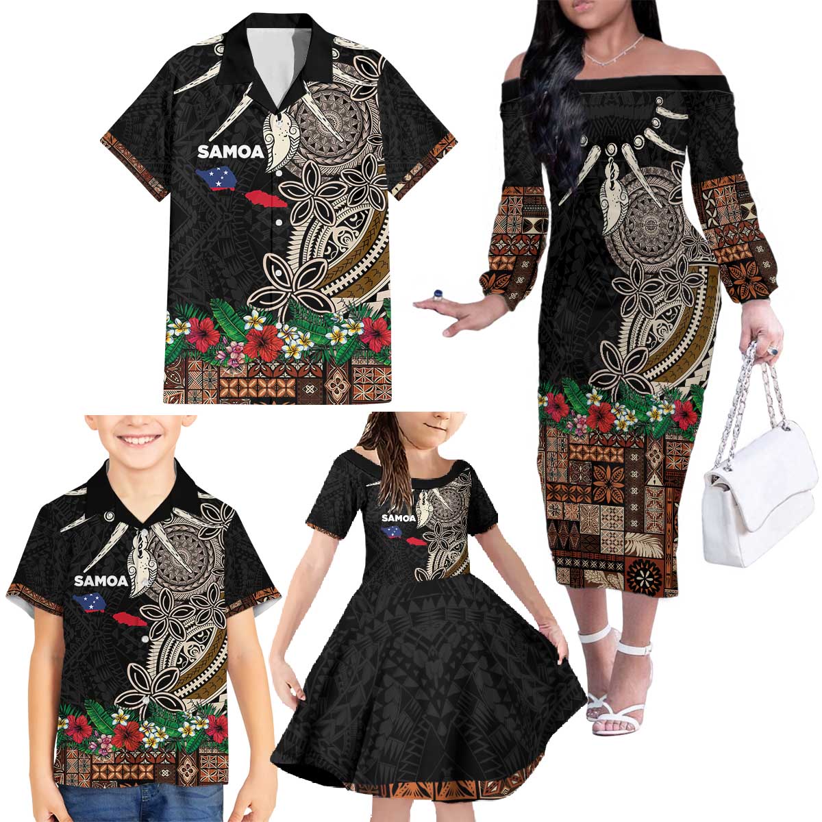 Samoa Siapo Polynesian Art Family Matching Off The Shoulder Long Sleeve Dress and Hawaiian Shirt Tropical Flowers and Tatau Pattern Brown
