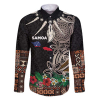 Samoa Siapo Polynesian Art Family Matching Off The Shoulder Long Sleeve Dress and Hawaiian Shirt Tropical Flowers and Tatau Pattern Brown