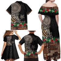 Samoa Siapo Polynesian Art Family Matching Off Shoulder Maxi Dress and Hawaiian Shirt Tropical Flowers and Tatau Pattern Brown