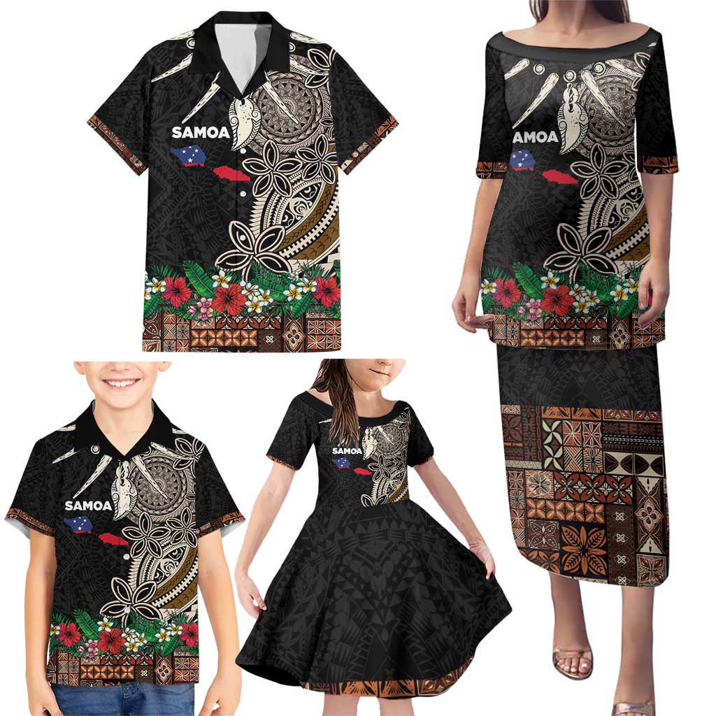 Samoa Siapo Polynesian Art Family Matching Puletasi and Hawaiian Shirt Tropical Flowers and Tatau Pattern Brown