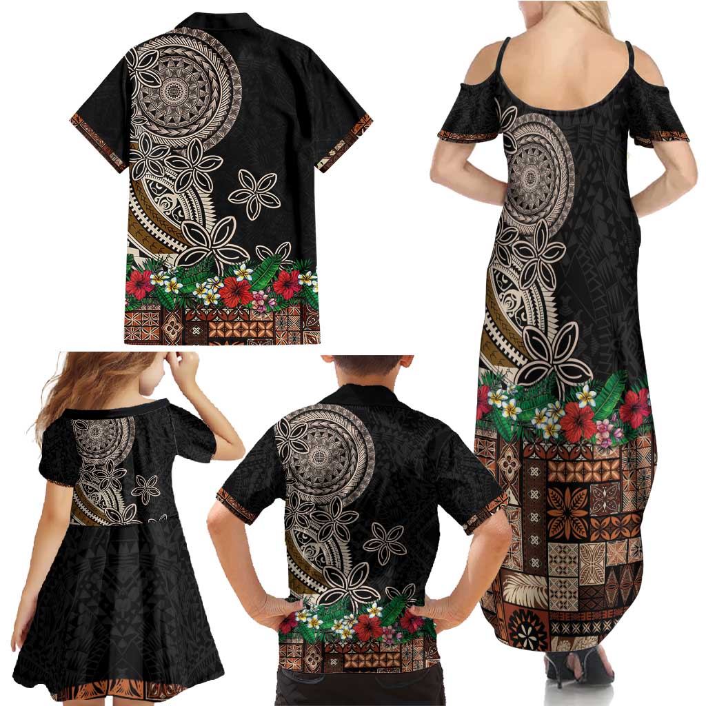 Samoa Siapo Polynesian Art Family Matching Summer Maxi Dress and Hawaiian Shirt Tropical Flowers and Tatau Pattern Brown