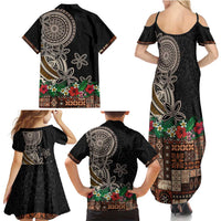 Samoa Siapo Polynesian Art Family Matching Summer Maxi Dress and Hawaiian Shirt Tropical Flowers and Tatau Pattern Brown