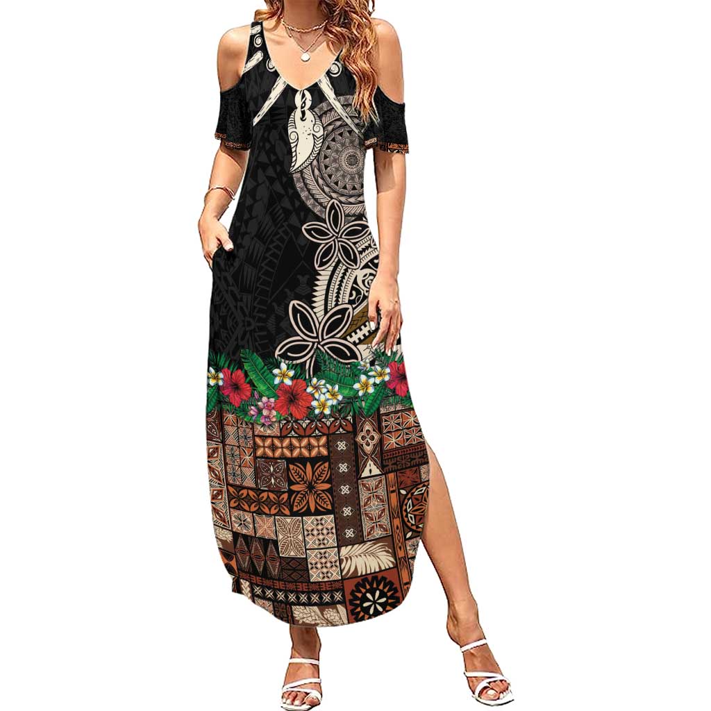 Samoa Siapo Polynesian Art Family Matching Summer Maxi Dress and Hawaiian Shirt Tropical Flowers and Tatau Pattern Brown