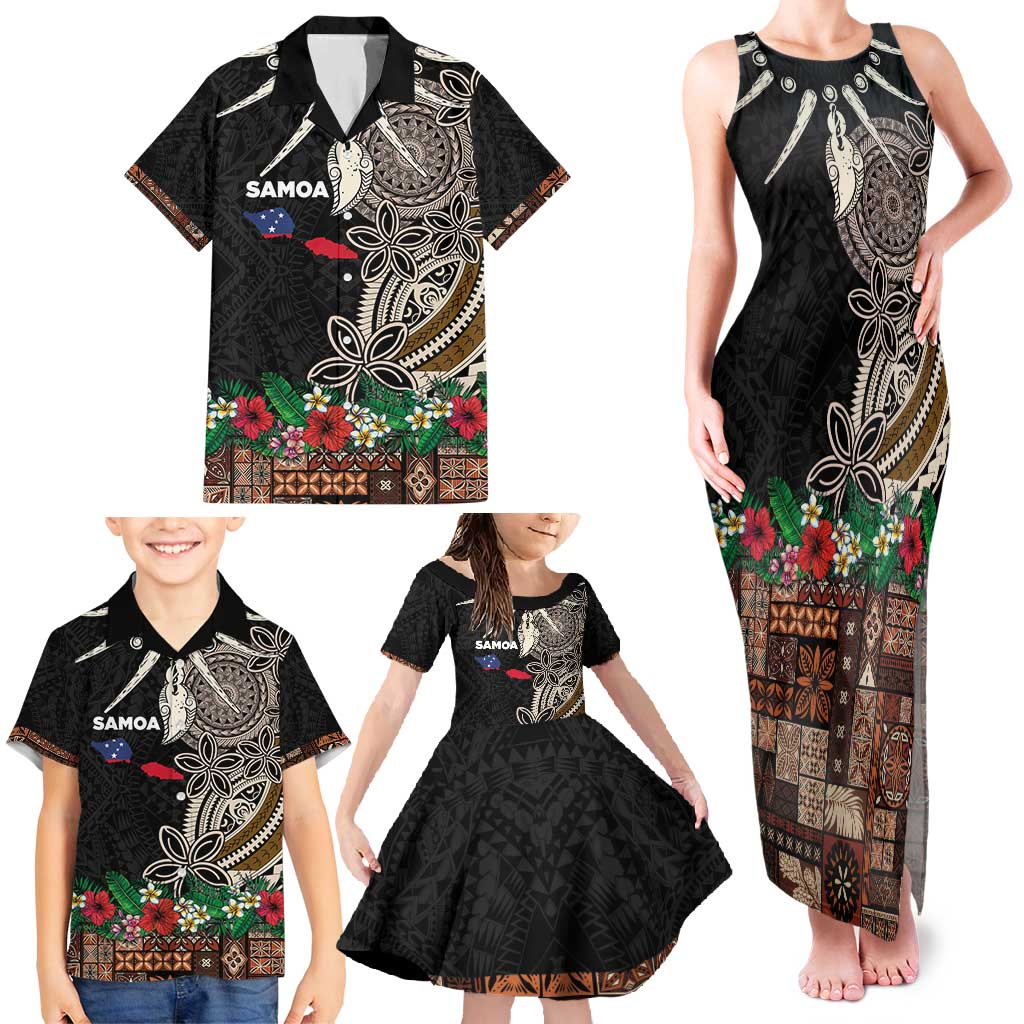 Samoa Siapo Polynesian Art Family Matching Tank Maxi Dress and Hawaiian Shirt Tropical Flowers and Tatau Pattern Brown