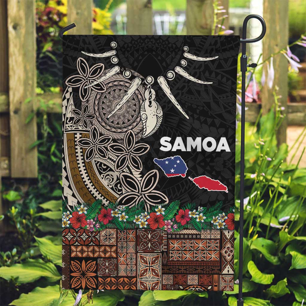 Samoa Siapo Polynesian Art Garden Flag Tropical Flowers and Tatau Pattern Brown