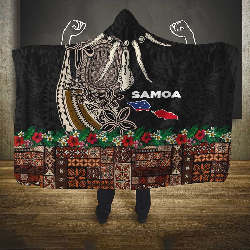 Samoa Siapo Polynesian Art Hooded Blanket Tropical Flowers and Tatau Pattern Brown