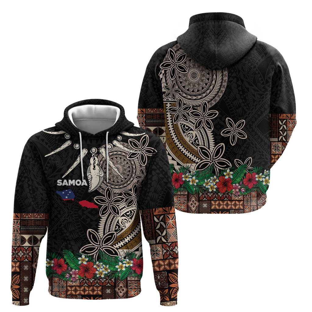 Samoa Siapo Polynesian Art Hoodie Tropical Flowers and Tatau Pattern Brown