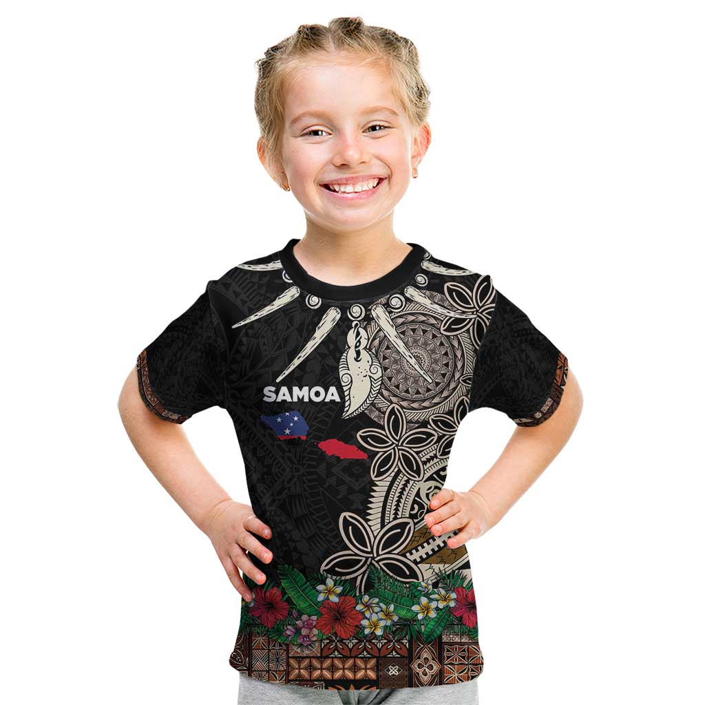 Samoa Siapo Polynesian Art Kid T Shirt Tropical Flowers and Tatau Pattern Brown