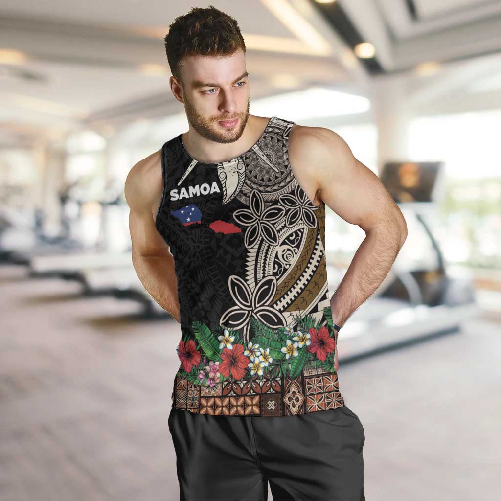 Samoa Siapo Polynesian Art Men Tank Top Tropical Flowers and Tatau Pattern Brown