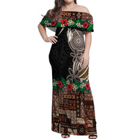 Samoa Siapo Polynesian Art Off Shoulder Maxi Dress Tropical Flowers and Tatau Pattern Brown