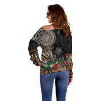 Samoa Siapo Polynesian Art Off Shoulder Sweater Tropical Flowers and Tatau Pattern Brown