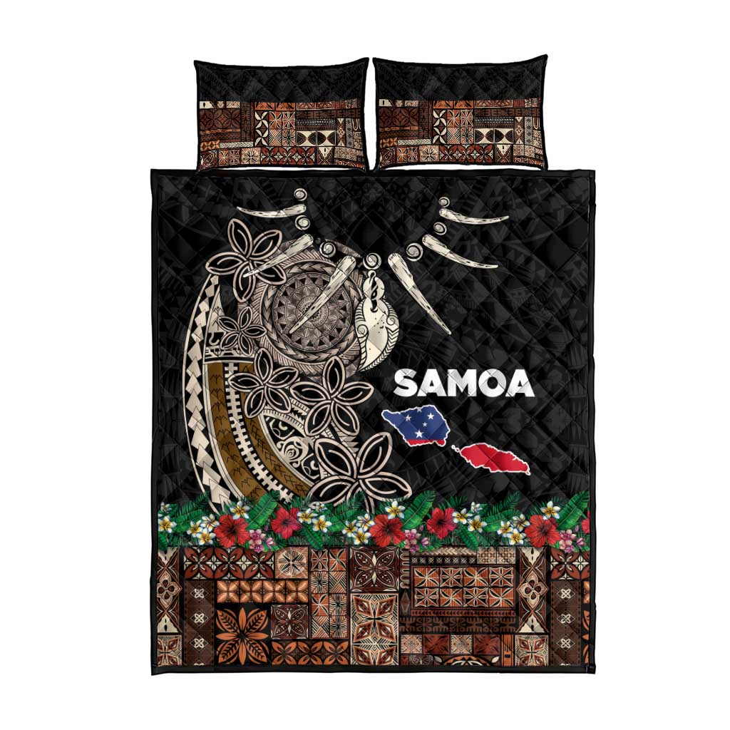 Samoa Siapo Polynesian Art Quilt Bed Set Tropical Flowers and Tatau Pattern Brown