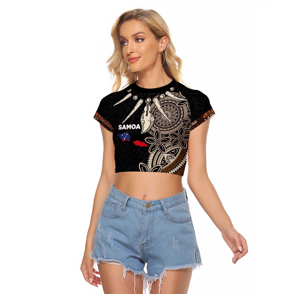 Samoa Siapo Polynesian Art Raglan Cropped T Shirt Tropical Flowers and Tatau Pattern Brown