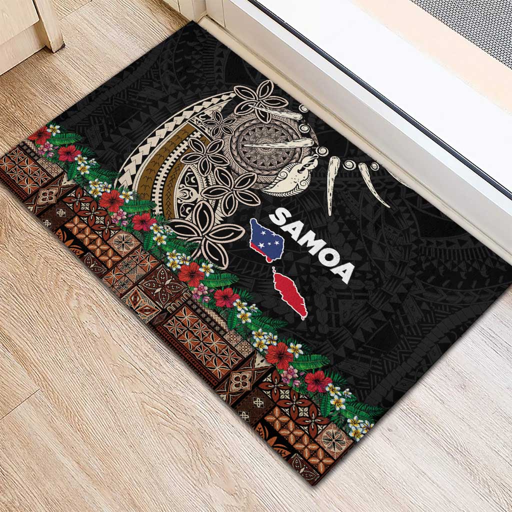 Samoa Siapo Polynesian Art Rubber Doormat Tropical Flowers and Tatau Pattern Brown