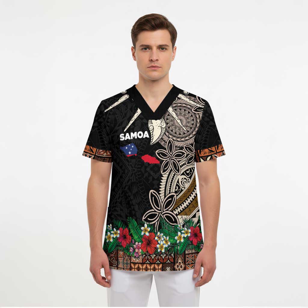 Samoa Siapo Polynesian Art Scrub Top Tropical Flowers and Tatau Pattern Brown - Polynesian Pride