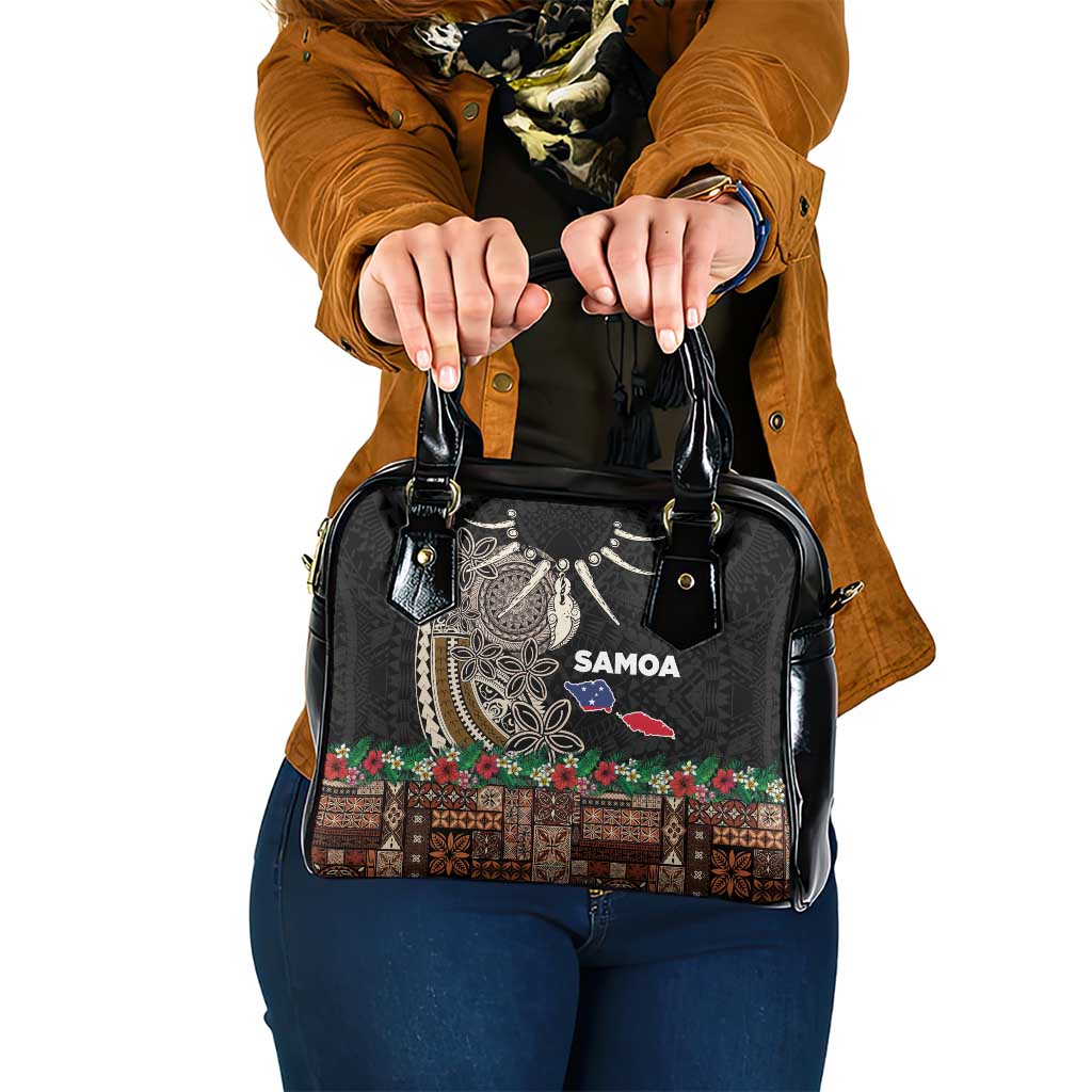 Samoa Siapo Polynesian Art Shoulder Handbag Tropical Flowers and Tatau Pattern Brown