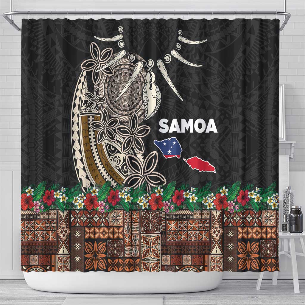 Samoa Siapo Polynesian Art Shower Curtain Tropical Flowers and Tatau Pattern Brown