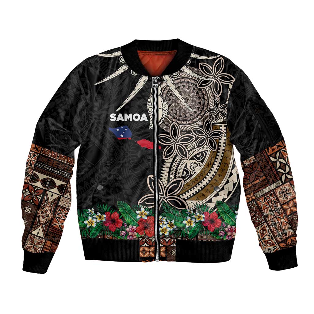 Samoa Siapo Polynesian Art Sleeve Zip Bomber Jacket Tropical Flowers and Tatau Pattern Brown